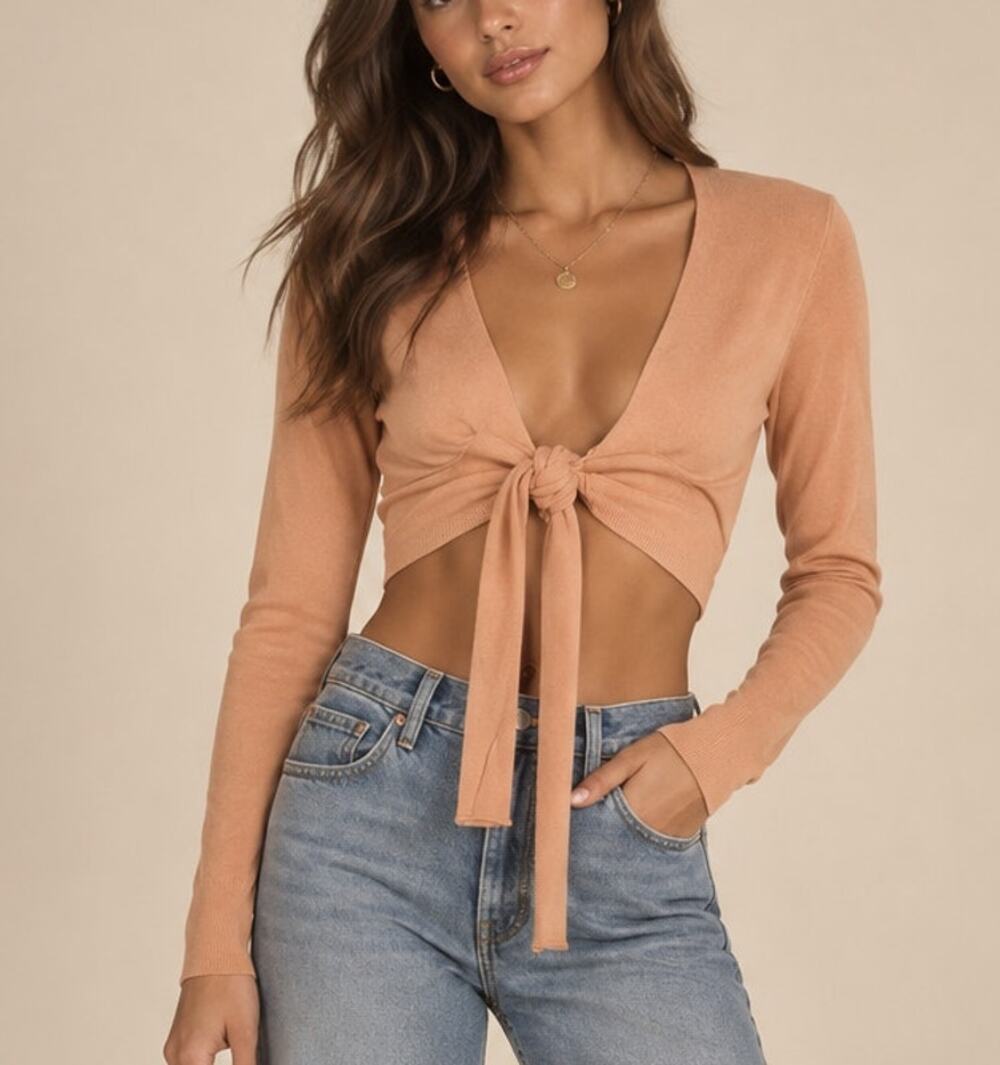 Y2K Revolve 525 America Cropped Tie Front Knit Top Womens S Pink Romantic 90s